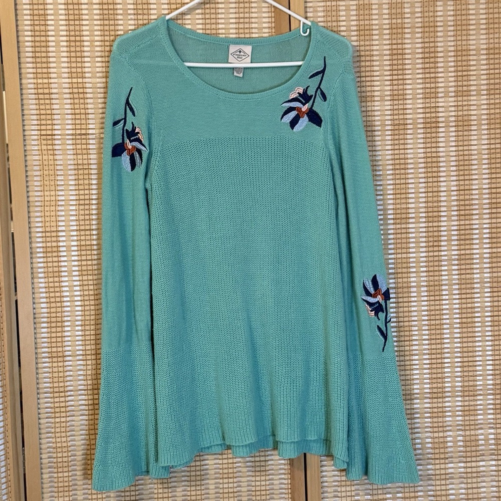 St John's Bay Womens M Sweater Embroidered Mint Green Long Cottagecore Bloomcore